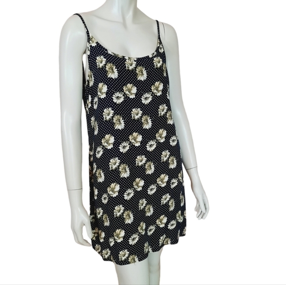 Vintage 90s Slip Dress Small to Medium Rayon Polka Dot Daisy Print Sun Dress - Picture 2 of 7